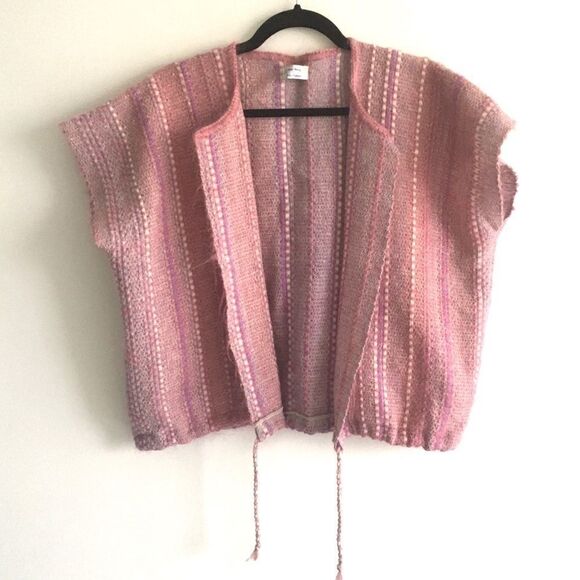 HAND KNIT Boho Sleeveless Cardigan Sweater Tie Waist Pink Purple One Size - Picture 5 of 11